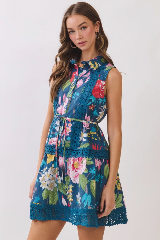 FLORAL BOTANICAL PRINT CROCHET TRIM MINI DRESS NAVY / S