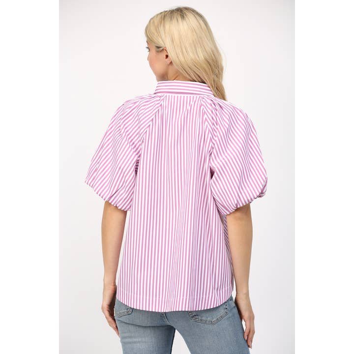 STRIPE SHORT PUFF SLEEVE BUTTON DOWN SHIRT