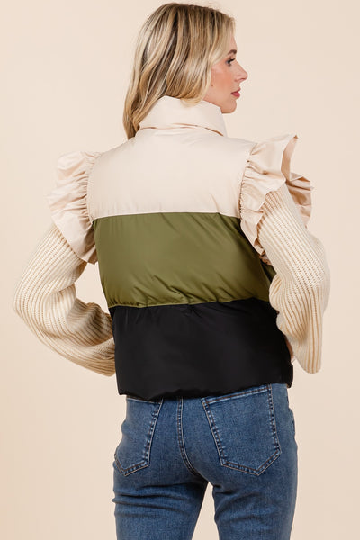 RUFFLE PUFFER VEST COLOR BLOCK