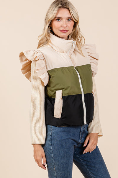 RUFFLE PUFFER VEST COLOR BLOCK