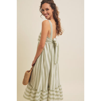 STRIPE MIDI DRESS WITH BACK RIBBON TIE