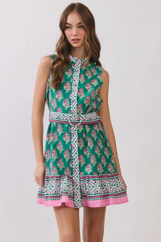 FLORAL BORDER PRINT BELTED MINI DRESS
