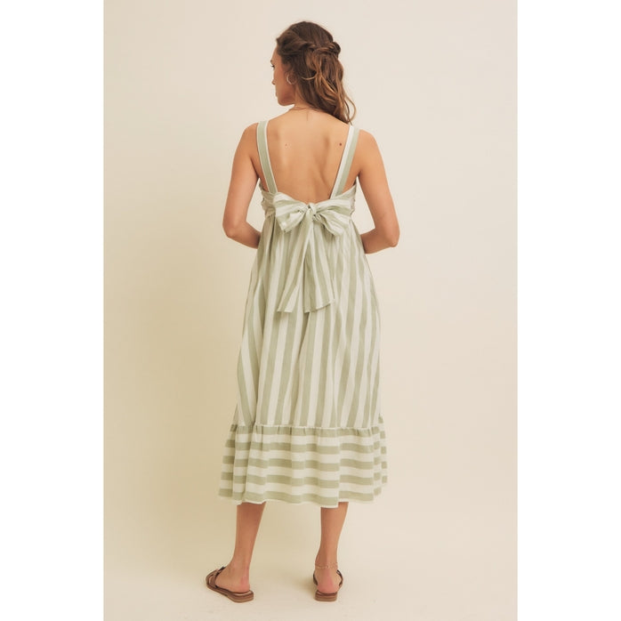 STRIPE MIDI DRESS WITH BACK RIBBON TIE