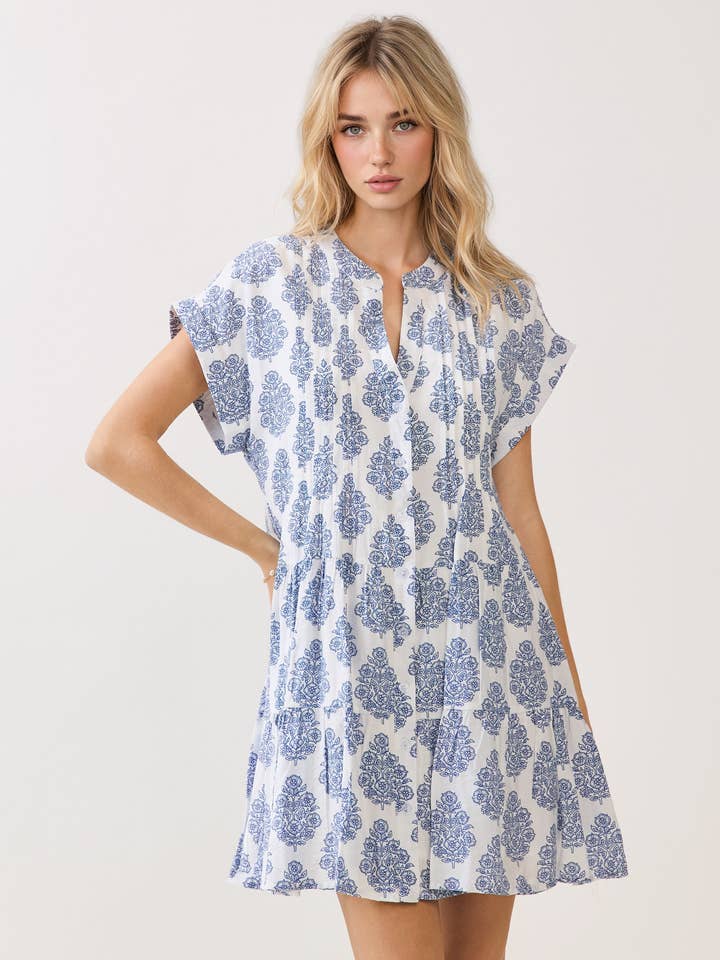 PRINTED NOTCH NECKLINE TIERED MINI DRESS