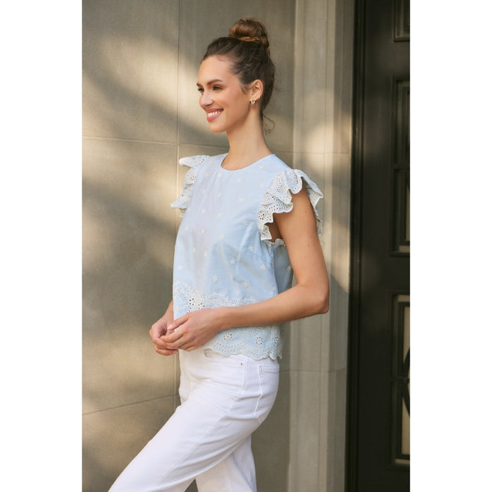 EYELET BORDER BLOUSE TOP WITH RUFFLED-SLEEVES