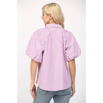 STRIPE SHORT PUFF SLEEVE BUTTON DOWN SHIRT