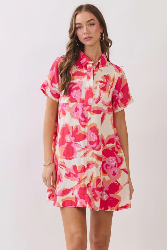 FLORAL PRINT CHEST POCKETS SHIRT MINI DRESS