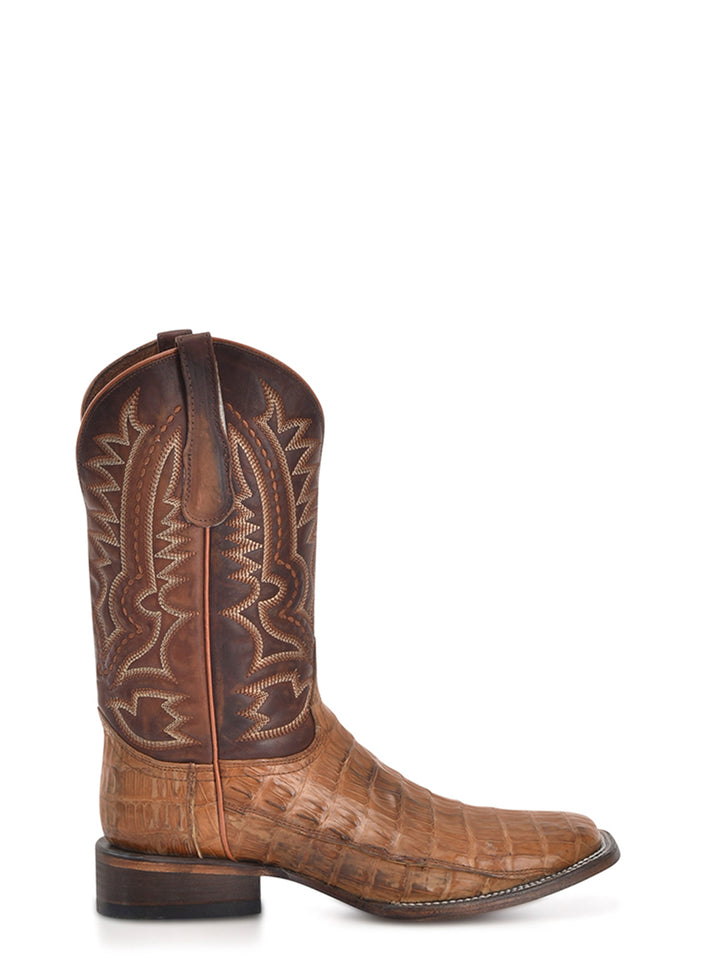 L6141- MEN'S EMBROIDERY TAN CAIMAN SQAURE TOE COWBOY BOOT