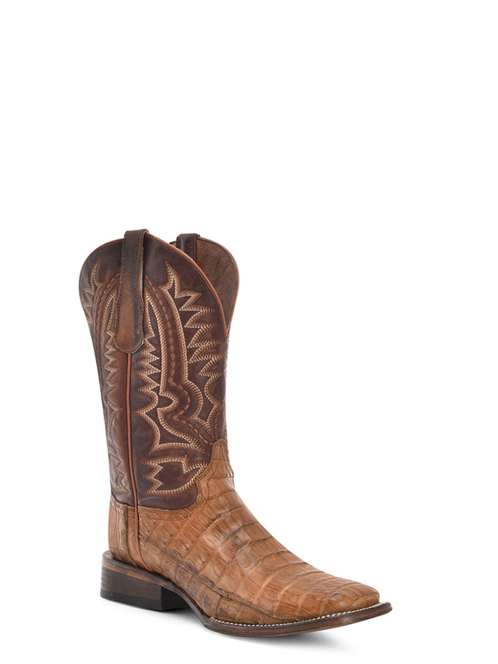 L6141- MEN'S EMBROIDERY TAN CAIMAN SQAURE TOE COWBOY BOOT