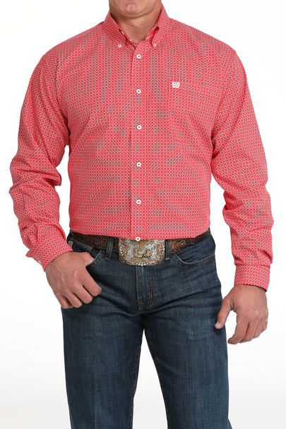 MEN'S RED WEAVE GEOMETRIC PRINT WESTERN SHIRT