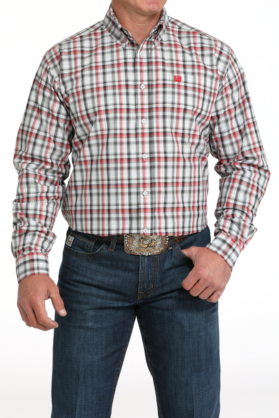 MEN'S RED WHITE PLAID PRINT WESTERN SHIRT