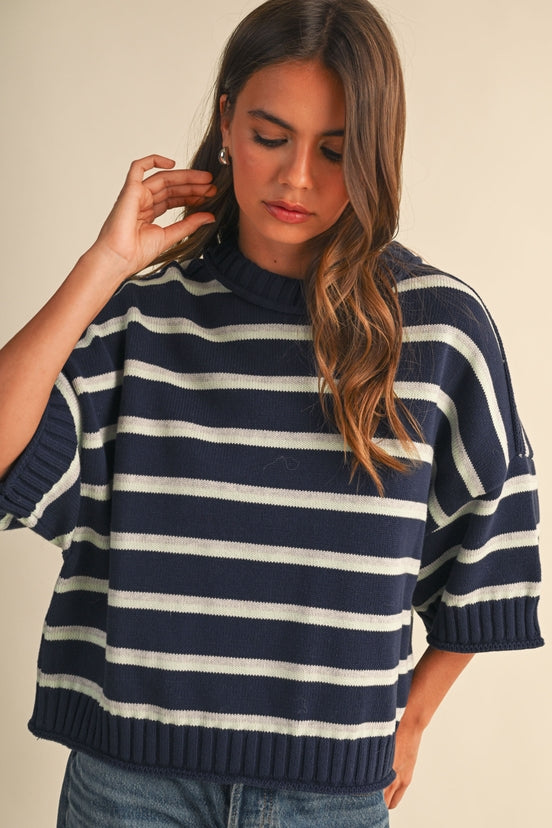 STRIPED HALF SLEEVE CROPPED SWEATER