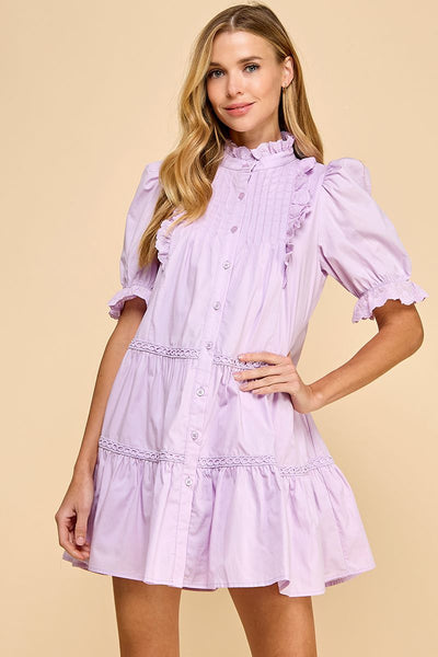 LAVENDER BUTTON-UP PUFF SLEEVE DRESS