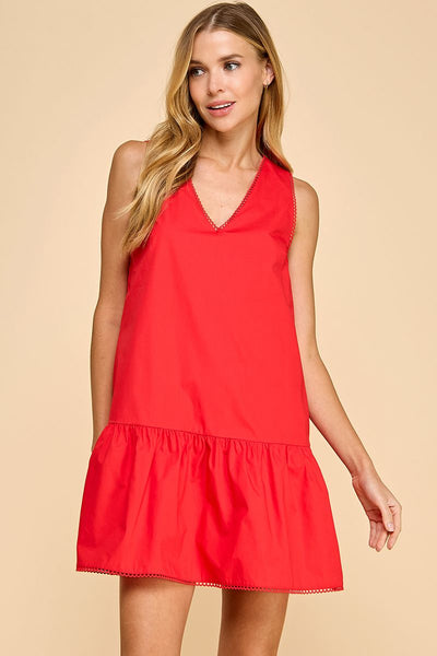 RED V-NECK POPLIN DRESS