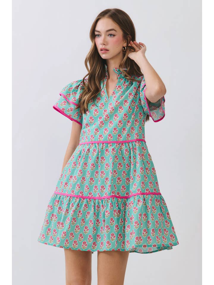 FLORAL PRINT TIERED FLUTTER SLEEVE MINI DRESS