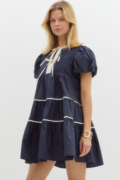 NAVY BUBBLE SLEEVE DRESS