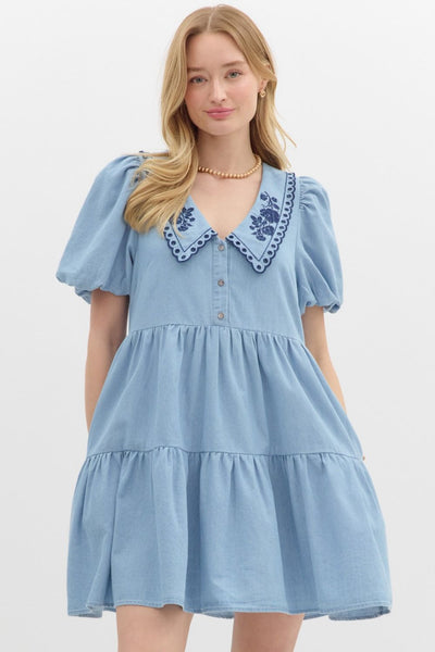 DENIM EMBROIDERED COLLAR DRESS