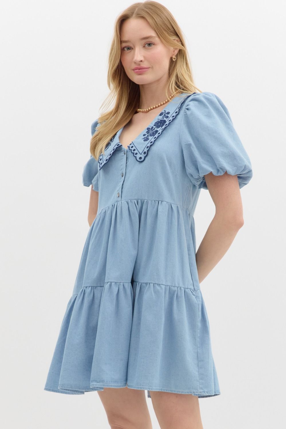 DENIM EMBROIDERED COLLAR DRESS