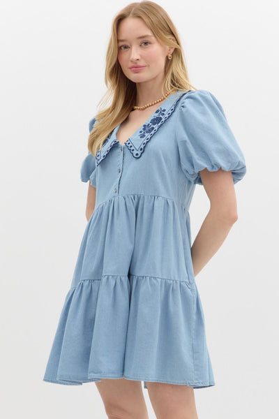 DENIM EMBROIDERED COLLAR DRESS