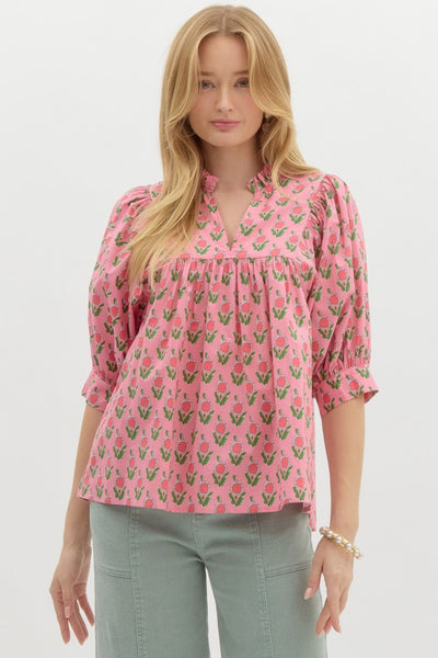 PINK FLORAL PRINT PULLOVER TOP