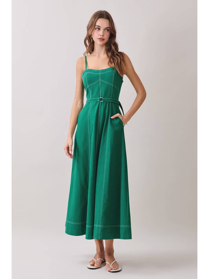 CONTRAST TOPSTITCHING CURVED NECKLINE MIDI DRESS