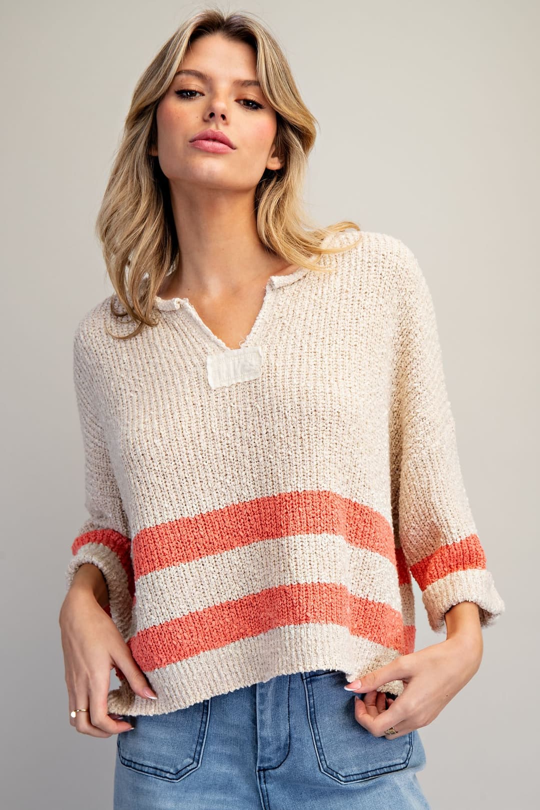 STRIPED NOTCHED NECK CROPPED SWEATER