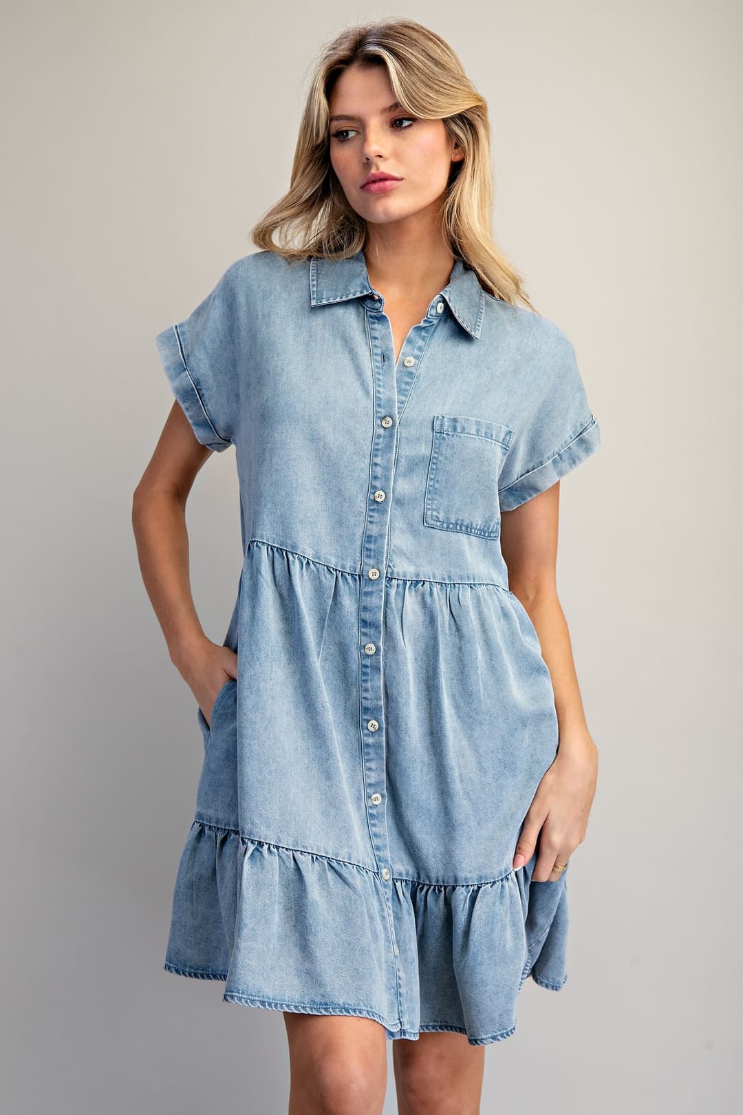 MINERAL WASHED BUTTON DOWN MINI DRESS